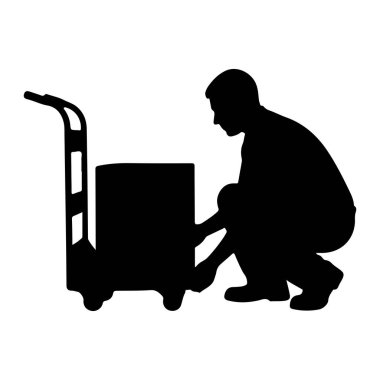 Kutuyu bir bebeğe yüklemek için çömelmiş siyah bir siluet. Kişi eğilmiş, bir eli kutunun üzerinde, diğer eli de bebeğin sapında. Dolly 'nin metal bir iskeleti ve tekerlekleri var. Arkaplan beyaz.