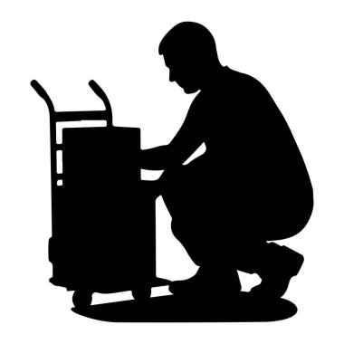 Tekerlekli bir arabanın yanına çömelmiş, insan kılığına girmiş siyah bir siluet. Kişi el arabasının üzerine eğilmiş, elleri sanki içinde bir şey yüklüyormuş ya da ayarlıyormuş gibi duruyor. El arabasının sapları ve tekerlekleri var.,