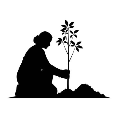 Siyah bir siluet, diz çöken ve yapraklı küçük bir fidanı tutan birini tasvir eder. Fidan bir toprak yığınına ekiliyor. Arkaplan beyaz.
