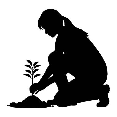 Çömelmiş küçük bir tohumu toprak yığınına eken siyah bir siluet. Adamın elleri bitkiyi nazikçe tutuyor. Arkaplan beyaz.