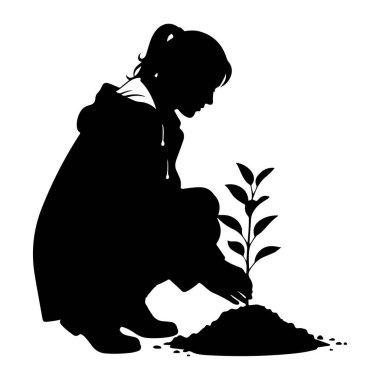 Siyah bir insan silueti, muhtemelen bir çocuk, bir toprak yığınına küçük bir tohum ekmek için çömelmiş. Kapüşonlu bir elbise ve çizme giyiyor. Tohumun bir gövdesi ve birkaç yaprağı var. Görüntü basit, grafik bir illüstrasyon...