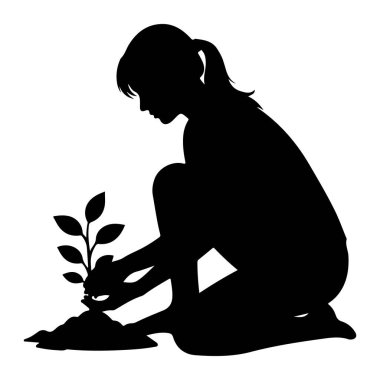 Yere çömelmiş siyah bir siluet, dikkatle birkaç yapraklı küçük bir tohumu toprak yığınına ekiyor. Elleri nazikçe bitkiyi ve toprağı tutuyor. Resim, beyaz arkaplanda bir grafik çizimi..