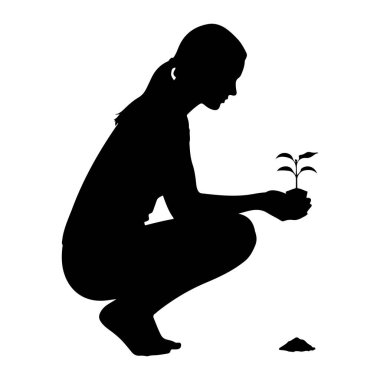 Elinde yeşil yapraklarla çömelmiş küçük bir saksı tohumu tutan siyah bir siluet. Kişinin sağında küçük bir kara toprak yığını var. Arkaplan beyaz.
