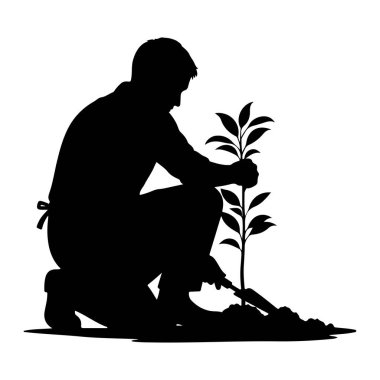Siyah bir siluet, diz çöküp toprağa küçük bir tohum eken birini tasvir eder. Tohumu bir eliyle tutan kişi diğeriyle toprağı kazmak için mala kullanır. Tohumun ince bir gövdesi ve birkaç yeşil yaprağı var. T