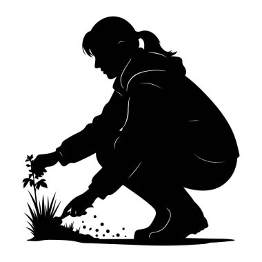 Küçük bir tohumu ekmek için çömelmiş siyah bir siluet. Kapüşonlu ceket ve çizme giyiyor. Elleri nazikçe bitkiye ve toprağa bakıyor, dağınık toprak parçacıklarını temsil eden küçük noktalar var. Arkaplan 