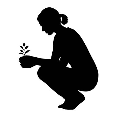 Elinde yaprakları ve ellerinde tomurcukları olan küçük bir bitkiyi tutan, çömelmiş bir kişinin siyah silueti. Şekil beyaz bir arkaplanda izole edilmiştir..