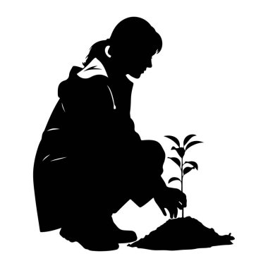 Bir toprak yığınına küçük bir ağaç tohumu dikmek için çömelmiş siyah bir siluet. Kapüşonlu ceket giymiş ve saçları arkadan bağlanmış. Ağacın ince bir gövdesi ve birkaç yeşil yaprağı vardır. Görüntü beyaz bir b üzerinde izole edilmiştir.