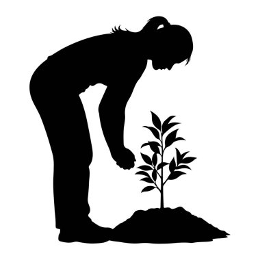 Küçük bir ağaç dikmek için eğilen siyah bir siluet. Kişinin saçı at kuyruğu şeklinde geri çekilir. Ağacın birkaç yaprağı vardır ve bir toprak yığınına dikilmiştir. Arkaplan beyaz.