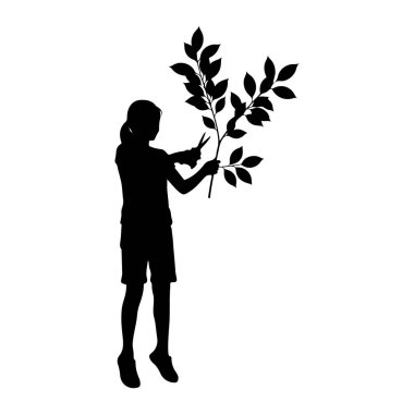 Çocuk gibi görünen siyah bir siluet, bir elinde yapraklı bir dal, diğer elinde bir makas tutuyor, budama işlemi sırasında. Şekil, düz beyaz bir arkaplana karşı tasvir edilir.