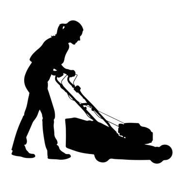 Saçları arkaya çekilmiş siyah bir siluet çim biçme makinesini itiyor. Kişi pantolon ve ayakkabı giyiyor. Çim biçme makinesinin bir çim biçme makinesi ve tekerlekleri var. Resim beyaz bir arkaplanda izole edilmiştir.