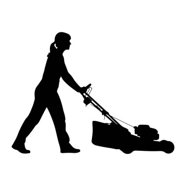 Beyaz arka planda çim biçme makinesini iten siyah bir siluet. Sola bakan kişi, elleri çim biçme makinesinin sapında. Çim biçme makinesi tekerlekler, bir motor yuvası ve bir çim tutucu ile tasvir edilir. Görüntü çok basit.