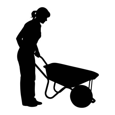 Pantolon ve gömlek giyen at kuyruklu siyah bir kişinin silueti el arabası iterken gösteriliyor. Yüzü aşağıya doğru bakıyor, çalışıyor ya da nakil yapıyor gibi görünüyor. El arabasının büyük bir havzası ve tek tekerleği var.