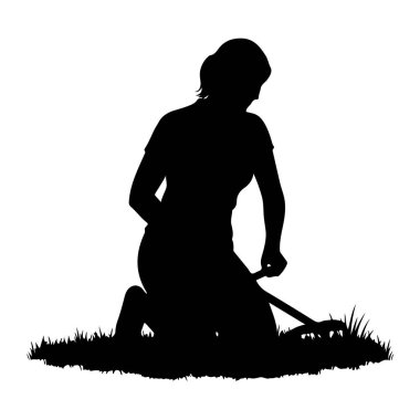 Çimlerin üzerinde diz çökmüş, elinde tırmık tutan ve tırmık atıyor gibi görünen siyah bir siluet. Profilde tasvir edilen figür, kısa saçlı ve bir tişört giyiyor. Çimenler, beyaz arka planda siyah bir şekil olarak gösterilir..