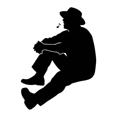 Şapka takan ve bacak bacak üstüne atmış birinin siyah silueti. Profilde, ağzı açık bir şekilde ıslık çalar gibi tasvir edilir ve dudaklarından bir nota çıkar. Görüntü beyaz bir arka planda izole edilmiştir.