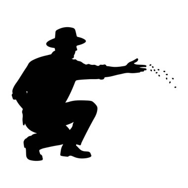 Şapka takan, çömelmiş uzanmış ellerinden küçük tohumlar saçan siyah bir siluet. Resim beyaz bir arkaplanda izole edilmiştir.