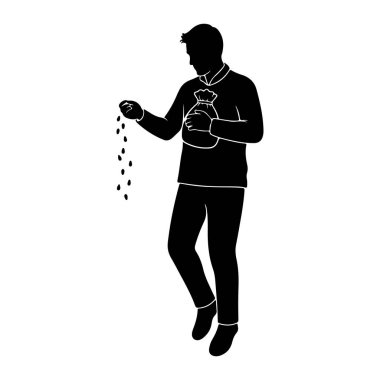 Siyah bir siluet bir elinde tohum torbasını tutarken diğer eliyle tohumları saçıyor. Şekil belden aşağısı ile tasvir edilir, tohumlar bir patikaya düşer. Görüntü, beyaz bir sırt deliğinde basit ve temiz bir illüstrasyon.