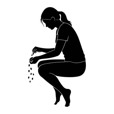 Yandan at kuyruklu genç bir kadının siyah silueti gösteriliyor. Çömeliyor ve küçük tohumları elinde tutuyor. Sağ elinden düşen tohumlarla birlikte. Resim beyaz bir arkaplanda izole edilmiştir.