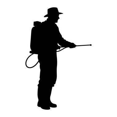 Şapka, ceket, pantolon ve çizme giyen birinin siyah silueti sağa bakıyor. Sırtlarında hortumla sırt çantasına bağlanmış bir sprey tutuyorlar. Arkaplan beyaz.