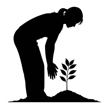 Toprak yığınından büyüyen küçük bir bitkinin üzerine eğilmiş siyah bir siluet. Kişinin elleri fabrikaya doğru uzanıyor, bu da bakım ya da ekimi akla getiriyor. Resim beyaz bir arkaplanda izole edilmiştir.