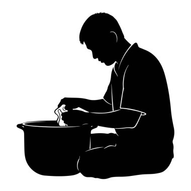 Bacak bacak üstüne atıp ellerini karanlık bir leğende yıkayan siyah bir siluet. Kişi kısa kollu bir gömlek giyiyor ve işine odaklanırken başı eğik. Havza yuvarlak, geniş kenarlı ve içi doluymuş gibi görünüyor.