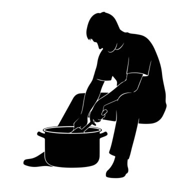 Bir tencerenin içindekileri çatal bıçakla karıştıran siyah bir siluet. Kişi tişört ve pantolon giyiyor. Tencerenin sapları var ve yere konuyor. Arkaplan beyaz.