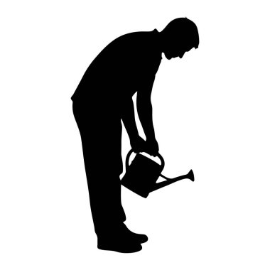 Yandan siyah bir siluet tasvir edilir, eğilir ve bir su bidonunu tutar. Günlük giysiler giyiyor ve bir bitkiyle ilgileniyor gibi görünüyor. Sulama kabının sapı ve çıkıntısı var ve bu hareket sulamayı öneriyor. T