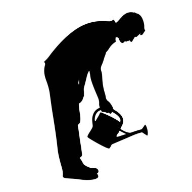 Sulama kutusuyla su bitkilerinin üzerine eğilen siyah bir siluet. Kişi gündelik giysiler giyiyor ve su kabını sapından tutuyor. Ağzı aşağıya doğru dönük. Görüntü temiz, izole bir grafik.