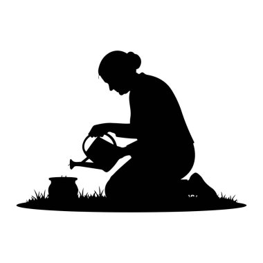 Siyah bir siluet, çimenlerin üzerinde diz çökmüş, su dolu bir tencereyi tutarken ve bir kaba su dökerken. Kişinin saçı geri çekilir ve işine odaklanır. Görüntü, bahçıvanlığın basit, grafik bir temsili..