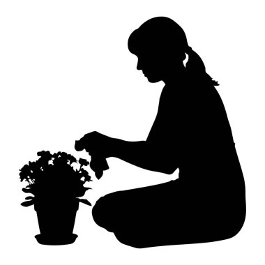 Diz çöküp saksı bitkisini çiçeklerle sulayan siyah bir siluet. Kişi elinde küçük bir su kovası ya da sprey şişesi tutuyor. Arkaplan beyaz.