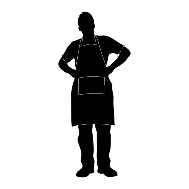 Elleri kalçalarının üzerinde duran siyah bir siluet. Kısa kollu gömlek ve pantolonun üzerine önlük giymiş biri. Siluet beyaz bir arkaplanda izole edilmiş..
