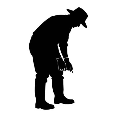 Şapka, eldiven ve bot giyen birinin siyah silueti eğilmiş, yerde bir şeye bakıyor gibi görünüyor. Şekil beyaz bir arkaplanda izole edilmiştir..
