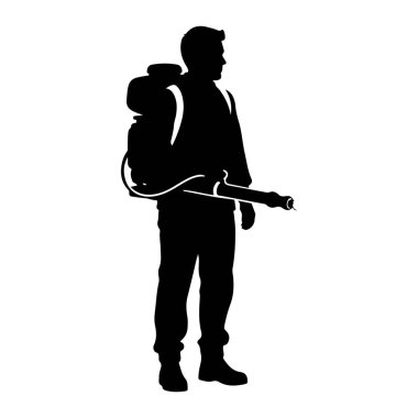 Ayakta duran ve elinde sprey tutan birinin siyah silueti. Sırt çantasında hortumla püskürtme hortumuna bağlı bir hortum var. Şekil beyaz bir arkaplanda izole edilmiştir..