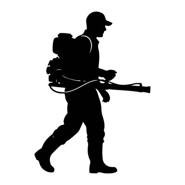 Sırt çantası spreyini taşırken şapkalı ve çizmeli siyah bir siluet. Sprey bir değnek tutuyor ve hareket ediyor gibi görünüyor. Resim, beyaz arkaplana karşı basit bir vektör grafiğidir.