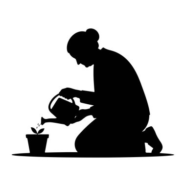 Siyah bir siluet, bir su bidonuyla küçük bir bitkiyi diz çöküp sulayan bir insan. Kişinin saçı geri çekilir ve işine odaklanır. Bitkinin iki küçük yaprağı var. Görüntü, beyaz üzerinde basit ve temiz bir illüstrasyon. 