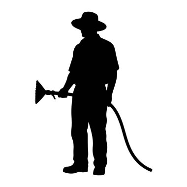 Şapka, gömlek, pantolon ve ayakkabı giyen birinin silueti hortuma bağlı bir sprey hortum tutuyor. İnsan hafifçe sola bakar ve hortum sağa doğru kıvrılır. Resim beyaz bir arkaplanda izole edilmiştir.