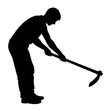 Yandan, erkek gibi görünen siyah bir siluet tasvir edilir. Eğiliyor, iki eliyle çapa tutuyor ve toprağı kazıyor ya da işliyor gibi görünüyor. Şekil beyaz bir arkaplanda izole edilmiştir..