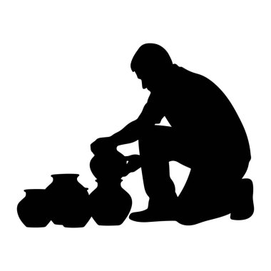 Diz çöküp çömlek şekillendiren bir kişinin silüeti. Ön planda üç adet bitmiş tencere görülebiliyor ve zanaatkar dördüncü bir tencere üzerinde çalışıyor. Görüntü, beyaz arkaplana karşı saf siyah bir siluettir, biçimi ve eylemi vurgular