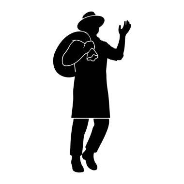 Şapka ve uzun bir palto giyen birinin siyah silueti omuzunda büyük bir çuval ya da paket asılı duruyor. Kişinin sağ kolu el sallayarak yükselir. Şekil, düz beyaz bir arkaplana karşı tasvir edilir.