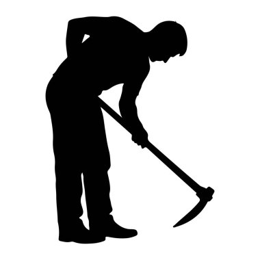 Çapayla kazı yapan siyah bir adam silueti. Adam pantolon ve gömlek giyiyor ve duruşuna bakılırsa sahada aktif olarak çalışıyor. Resim beyaz bir arkaplanda izole edilmiştir.