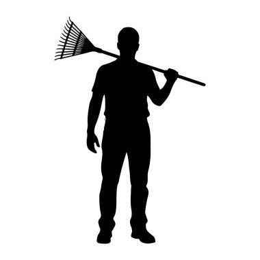 Bir adamın siyah silueti, sağ omzunun üzerinde bir bahçe tırmığı tutarak öne doğru bakıyor. Tırmığın geniş, yelpaze şeklinde, birden fazla dişli ve uzun saplı bir kafası var. Adam bir tişört ve pantolon giyiyor, sade ve düz bir şekilde tasvir edilmiş.