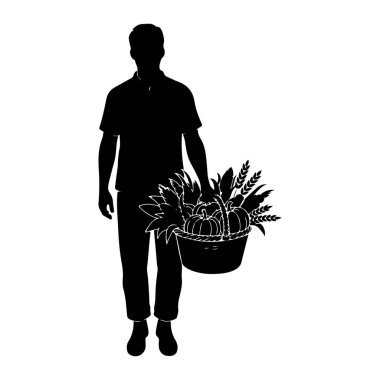 Elinde hasat eşyalarıyla dolu bir sepet tutan siyah bir adam silueti. Sepette kabaklar, mısır sapları, yapraklar ve buğday sapları var. Adam tepeden tırnağa tasvir ediliyor, sepeti yanında duruyor. Arkaplan beyaz.