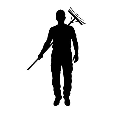 Siyah bir siluet, sağ omzunun üzerinde tırmık tutan bir adam yüzü öne dönük duruyor. Tırmığın uzun bir sapı ve dişleri olan fan şeklinde bir kafası var. Adam günlük kıyafetler giyiyor, tişört ve pantolon da dahil. Arkaplan düz beyaz.