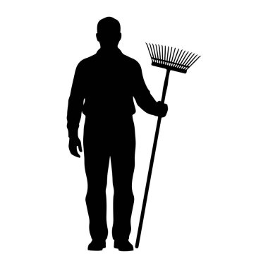 Elinde tırmık tutan bir adamın siyah silueti. Adam tepeden tırnağa tasvir ediliyor, tırmık sağ elinde tutuluyor. Arkaplan düz beyaz.