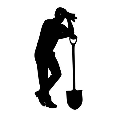Siyah bir adam silueti ayakta duran ve bir küreğe yaslanan tasvir edilir. Adamın sol kolu bükülmüş, eli alnında dinleniyor ve sağ kolu da kürek sapında. Küreğin geniş bir bıçağı ve uzun bir sapı var. Şekil isol.