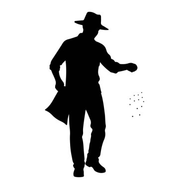 Şapka ve gömlek giyen bir adamın siyah silueti belden yukarısına doğru, sağ kolu açık ve eli açık, tohumları temsil eden küçük koyu noktalar serpiştirerek tasvir edilir. Ayrıca sol elinde karanlık bir nesne tutuyor. Şekil buradan gösterilir