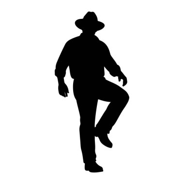 Geniş kenarlı şapka ve yakalı gömlek giyen bir adamın siyah silueti beyaz arka plana karşı tasvir edilir. Hareket halinde, bir bacağı yukarıda ve dizleri bükük bir şekilde, bir dans adımı ya da dinamik bir poz öneriyor. Kolları kaygan.