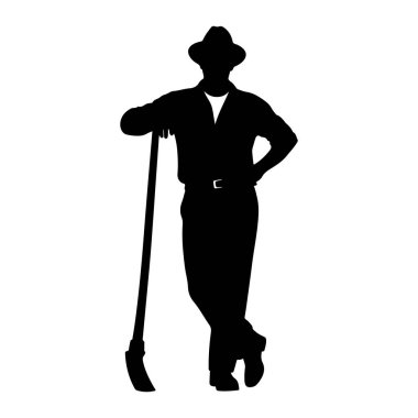 Şapka ve yakalı gömlek giyen bir adamın siyah silueti bir eli kalçasında diğeriyse küreğin üzerinde duruyor. Bacakları ayak bileklerinden çaprazlanmış. Şekil beyaz bir arkaplanda izole edilmiştir..