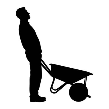 Siyah bir siluet kafası arkaya eğilmiş, bir el arabasının kulplarını tutan bir adam. El arabası boş ve önündeymiş gibi duruyor. Resim beyaz bir arkaplanda izole edilmiştir.