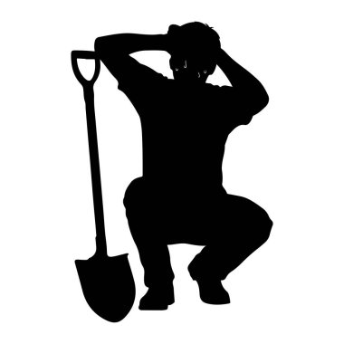 Yanında kürekle çömelmiş siyah bir adam silueti. Ellerini başının arkasında tutuyor, boynunda ve alnında ter damlacıkları görülüyor, bu da efor ve ısıyı gösteriyor. Arka plan bembeyaz..