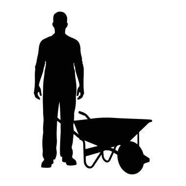 Siyah bir adam silueti siyah bir el arabasının siluetinin solunda duruyor. Adam kolları yanda ileri doğru bakıyor. El arabası adamın sağ tarafında, sapları yukarıya doğru uzanıyor ve havza yüzeyi de yukarı doğru uzanıyor.